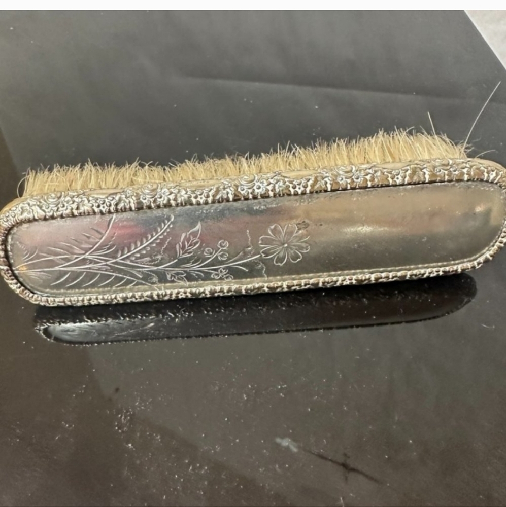 Antique Etched Silver Clothing Shoe Brush vtg 1940s floral